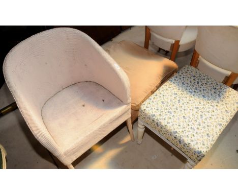 Lloyd Loom style armchair, a 19th C footstool with feather field cushion top and a dressing table stool (3)