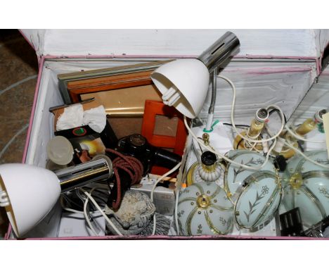Painted metal trunk containing various modern lamps, mirror, picture fames etc  