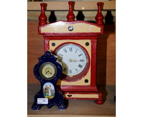 Hand made wooden mantel clock and Edwardian porcelain with brass and gilt decoration