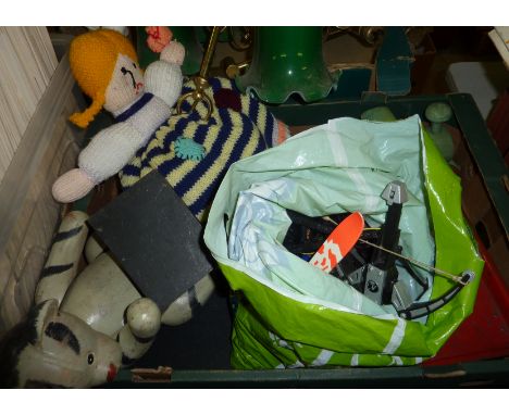 Child's tin trolley, bag of assorted action figures, knitted dolls, Monopoly game etc 