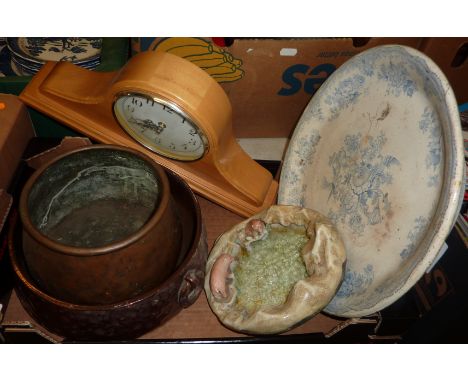 Pine mantel clock, copper effect bowl, copper bowl, blue & white bread plate etc 
