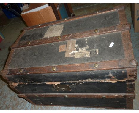 Wood and metal steamer trunk with paper label 'Rich D. Clame Wine and Spirit Sample Case Manufacturer 41 Dale Street Liverpoo