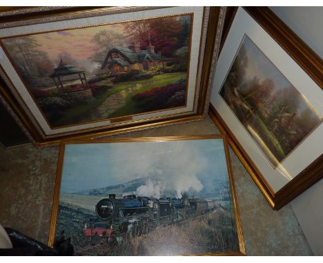 Two framed pictures by Thomas Kinkade and a framed railway print