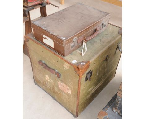 Canvas and leather bound cube trunk and brown suitcase (2)