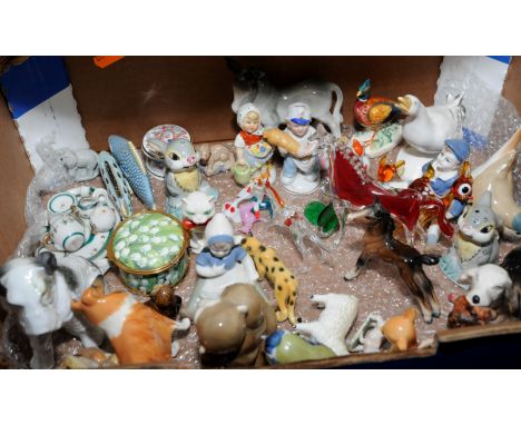 Box of miniature ceramic and glass animals including a Beswick foal, Beswick collie dog, Arcadian Crestedware cat, Beswick ph