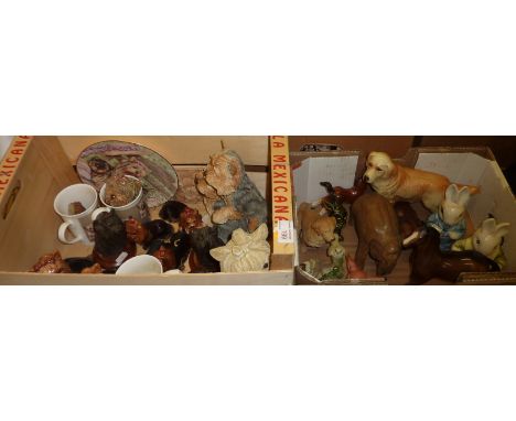 Two boxes of assorted ceramic animals including Yorkshire Terriers, Beswick style Labrador etc 