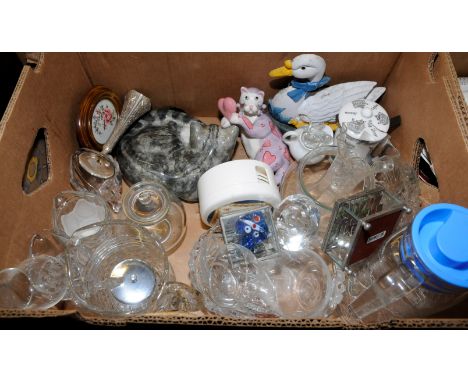 Selection of cut glass including jugs bowls, vases, ceramic cat ornaments etc 
