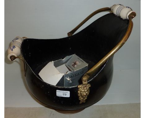 Painted copper coal scuttle with blue and white ceramic handles