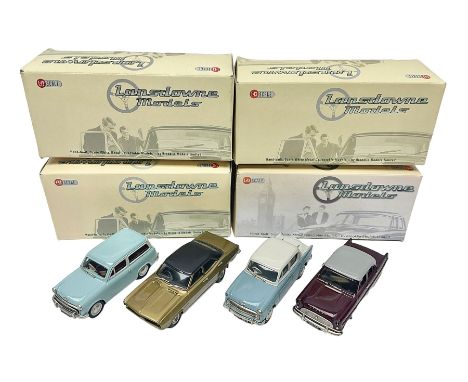 Four Lansdowne Models 1:43 scale models - 1956 Hillman minx Series 1 (Pearl grey over Fiesta blue); 1957 Hillman Husky Series