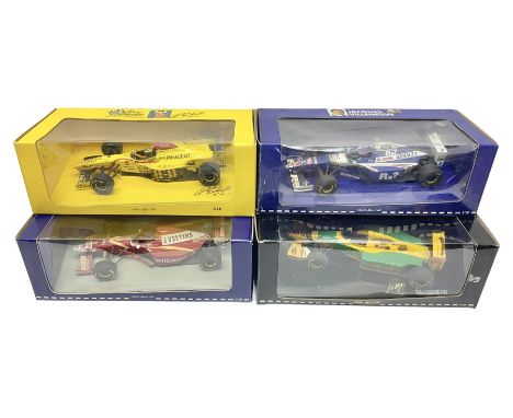 Four Paul's Model Art 1:18 scale die-cast racing cars - Jacques Villeneuve Williams Mecachrome Launch Version 1998 and Willia