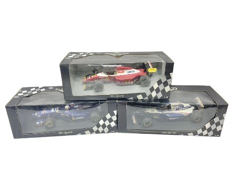 Three Paul's Model Art Grand Prix 1:18 scale die-cast racing cars - Williams Renault FW17 D. Hill; Ferrari 412 T1 J. Alesi; a