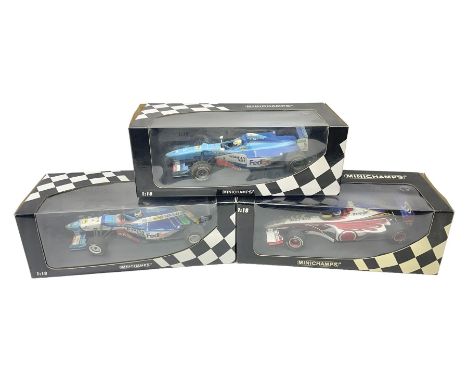 Three Minichamps 1:18 scale die-cast racing cars - Bar 01 Supertec R. Zonta 1999; Benetton b197 Renault G. Berger; and Benett