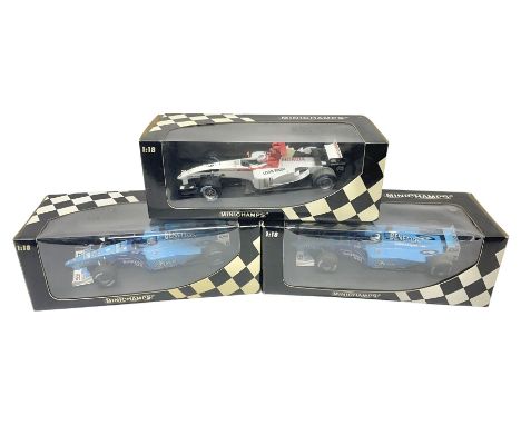 Three Minichamps 1:18 scale die-cast racing cars - B.A.R. Honda 006 J. Button; limited edition Benetton Renault Sport Showcar