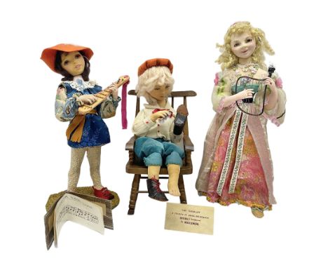 Anna Meszaros Hungary - three hand made needlework figurines - 'The Cobbler' as a child seated in a wooden rocking chair work