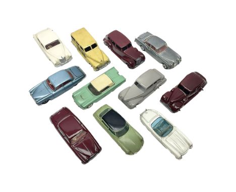 Eleven unboxed and playworn early die-cast models including Dinky Packard, Buick, two Jaguar Mark X and estate wagon, Corgi M