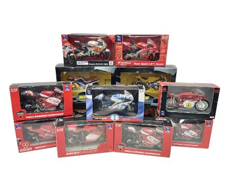 Nine NewRay 1:12 scale die-cast models of motorcycles including Ducati, Honda etc; and four other 1:12 scale die-cast models 