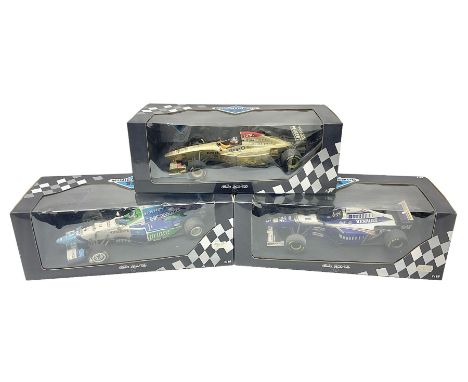 Three Minichamps '18' 1:18 scale die-cast racing cars - Jordan Peugeot 196 1996 R. Barrichello; Benetton Renault B196 G. Berg