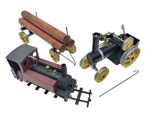 Mamod steam traction engine with log wagon and load, finished in black and yellow, with burner, total L60cm; and MSS live ste