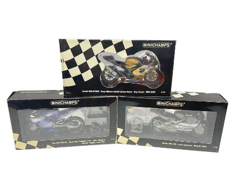 Three Minichamps 1:12 scale die-cast models of motorcycles - Suzuki GSX-R1000 Team Alstare Suzuki Corona Extra Troy Corser WS