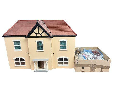 Scratch-built wooden doll's house of double fronted form with simulated stucco walls under a faux tiled hipped roof with gutt