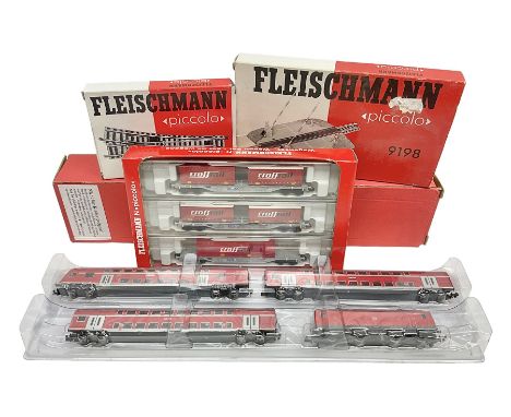 Fleischmann 'N' gauge - four-car set with double pantograph locomotive, dummy and two double decker coaches; No.825201 'Picco