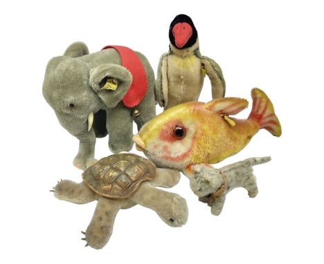 Five small Steiff animals - elephant with red sash and bells H16cm, dolphin with mottled red/yellow body, 'Tabby' cat with ca