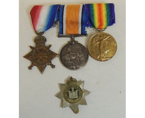 WWI Trio - 1914-15 Star, WM VM, mounted, named to 10288 Pte G Endicott Devon R, and with Devon bi-metal cap badge Reginald Ge