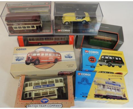 CORGI - Austin Healey Soft Top; Classic Omnibuses and Tram, all in original boxes (8)