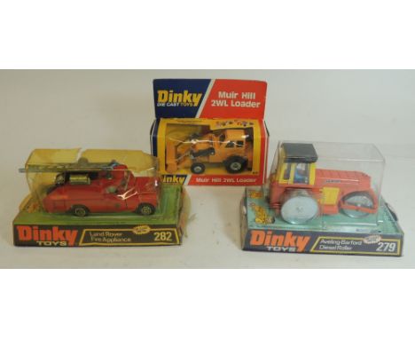 DINKY - 279 Aveling Barford Diesel Roller in blister pack; 282 Landrover Fire Appliance in blister pack and 437 Muir Hill 2WL