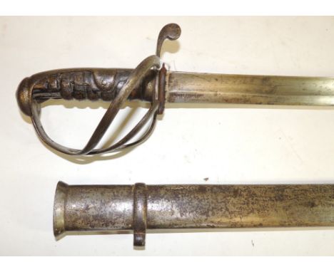 An 1821 pattern Cavalry troopers sword having wood grip and blade by Parker Field & Sons, London, with metal scabbard, blade 