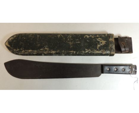 A WWII period machete the broad blade stamped with arrow and "JJB 1945" and with original green painted scabbard, blade 37cms