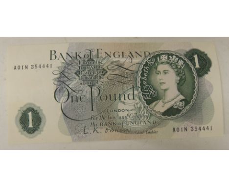 Bank of England £1 note signed O'Brien, the reverse with small "R" above Bank of England, unc note
