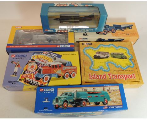 CORGI - 17801 Scammell Constructor Cannon and Ringmaster, boxed; Island Transport, Jersey OB Coaches, boxed; two other boxed 