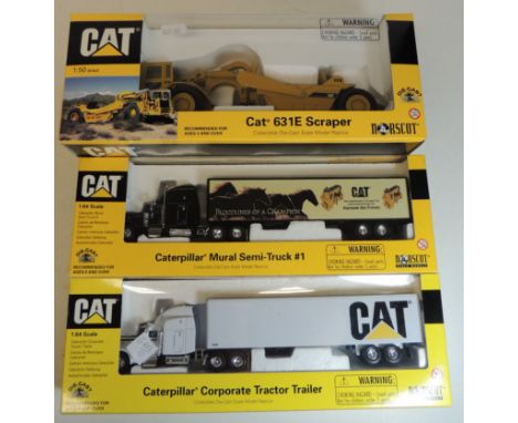 CAT - three boxed models: 631E Scraper; Caterpillar Mural Semi-Truck and Caterpillar Corporate Tractor Trailer (3)