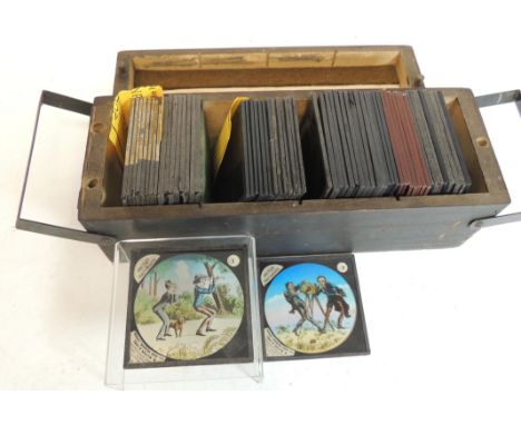 Approx 60 glass magic lantern slides, colour printed and including humorous Amateur Photography story; Our Lifeboat Men; Sinb