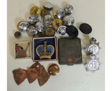 A small metal "Pocket Pharmacy" container; quantity of Auxiliary Fire Service AFS buttons; Surrey Yeomanry brass button and o