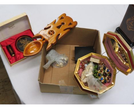 An assortment of costume jewellery, boxed compact, octagonal-shaped jewellery box with contents and a modern Welsh love-spoon