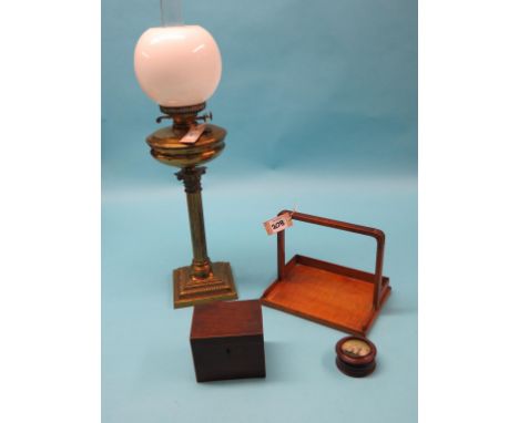 A Victorian brass Corinthian column oil lamp, with glass shade, a 19th century satinwood book-trough, Victorian tea caddy, 5.