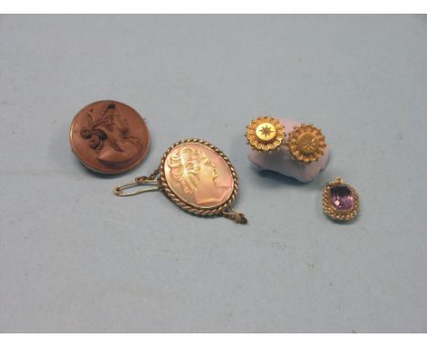 A pair of yellow metal and diamond-chip ear-studs, circular rosette form, a yellow metal, amethyst and seed pearl pendant and