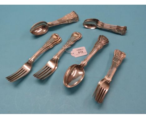 A part-set of Victorian Queen's-pattern cutlery, six tableforks, six dessert forks, one fork repaired, four tablespoons, six 