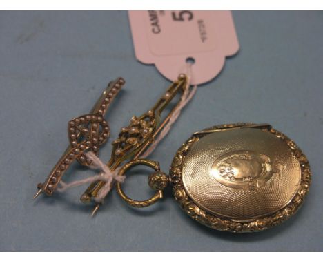 An Edwardian 15ct. gold and seed-pearl bar brooch, a 9ct. gold heart-design bar brooch set seed pearls and an engraved and ca