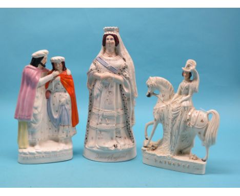 A large 19th century Staffordshire pottery portrait figure, Queen of England, full-length, 17in., and two others, similar, Pr
