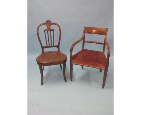 A Victorian mahogany hall chair, spiral twist slats and dished and carved seat, together with a Regency-style mahogany elbow 