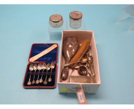 An unusual Victorian silver combination knife-fork, two sets of six silver coffee spoons, silver dressing tableware, etc.