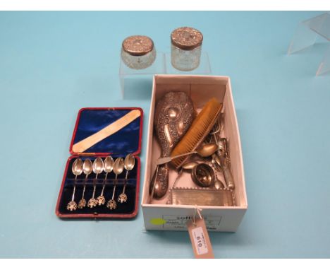 An unusual Victorian silver combination knife-fork, two sets of six silver coffee spoons, silver dressing tableware, etc.