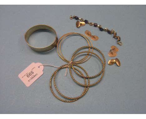 Seven yellow-coloured metal bangles, gold plated bangle, 9ct. gold and amethyst bracelet and two pairs of 9ct. gold cuff-link