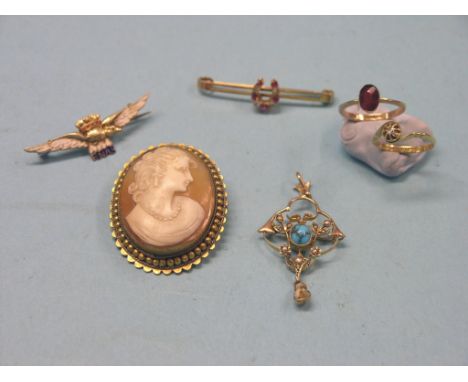 A 9ct. gold horseshoe bar brooch, set diamonds and rubies, 9ct. gold pendant brooch, set seed pearls, 18ct. gold and diamond 