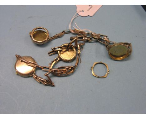 Four 9ct. gold watch cases, each with 9ct. gold strap, straps faulty, and a yellow metal watch surround, 40.7 grams gross tot