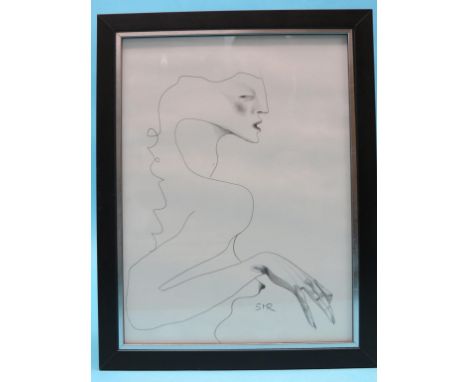 Michael Ridley - pencil sketch, stylised half-length portrait of a nude female, initialled, 16 x 12in.