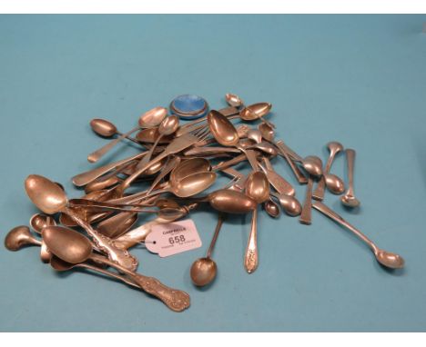 A set of twelve continental silver coffee spoons, numerous other silver spoons, enamelled silver compact, etc., approx. 26oz.